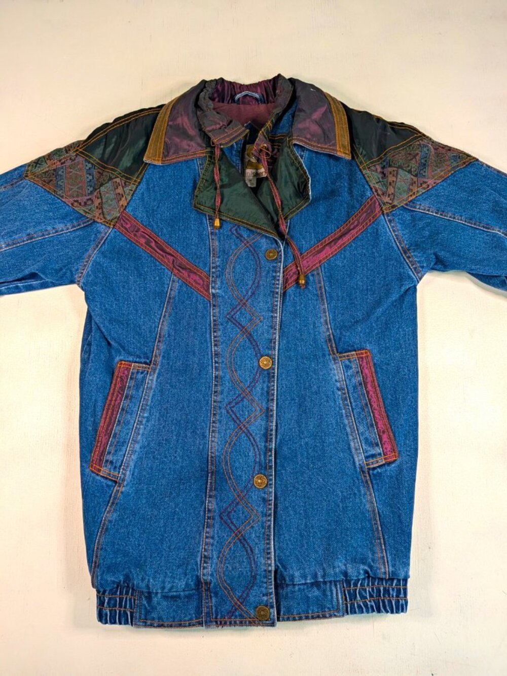 Vintage Currentseen Denim Jacket Womens S Blue Geometric Lined Zip 90s